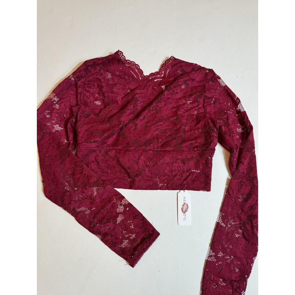 TLGAVQUEEN Women's Floral Lace Long Sleeve‎ Crop Tops Mesh V Neck Cross Shirt L